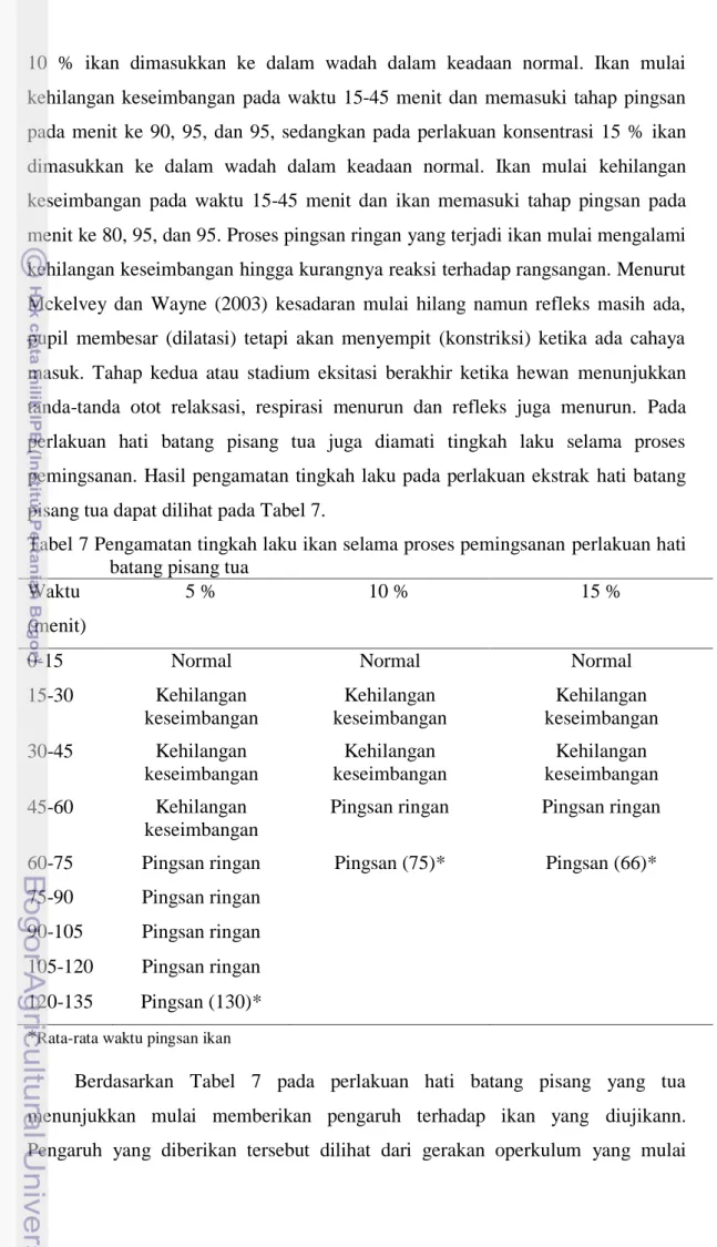 Tabel 7 Pengamatan tingkah laku ikan selama proses pemingsanan perlakuan hati  batang pisang tua 