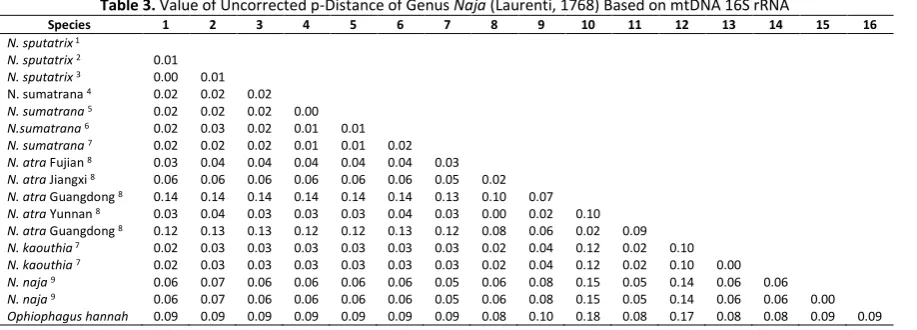 Table 3. Value of Uncorrected p-Distance of Genus Naja (Laurenti, 1768) Based on mtDNA 16S rRNA 