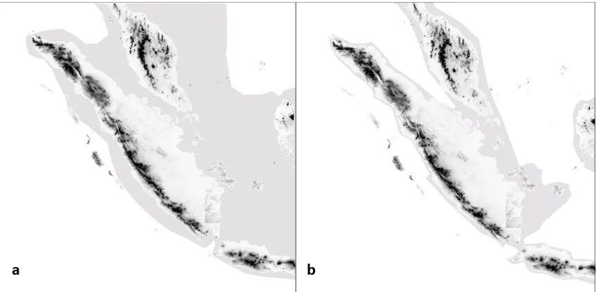 Figure 3. Siltation of the Sunda Strait which Resulted in the Merge of Java, Sumatra and the Malay Peninsula During the Pleistocene Epoch (redrawn from Inger and Voris [2]) Description: a) At the maximum lowering of sea level (120 meters from current surface-below present level); b) At 30 meters from the current surface  