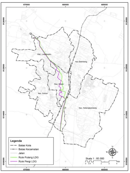 Gambar 1. Peta Trayek Angkutan Kota LDG Sumber: Dinas Perhubungan, 2013 