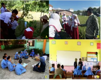 Figure 1. Argoedutourism programe at three different location (A&B) field, (C) school yard  and (D) class 