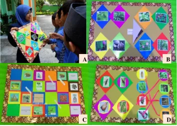Figure 2. Eco-games at agroedutourism program (A) predator and prey as well as guest animal name and its role          (B) snake and aldder and study healthy agroecosystem (C&D) guest plant name and its function 