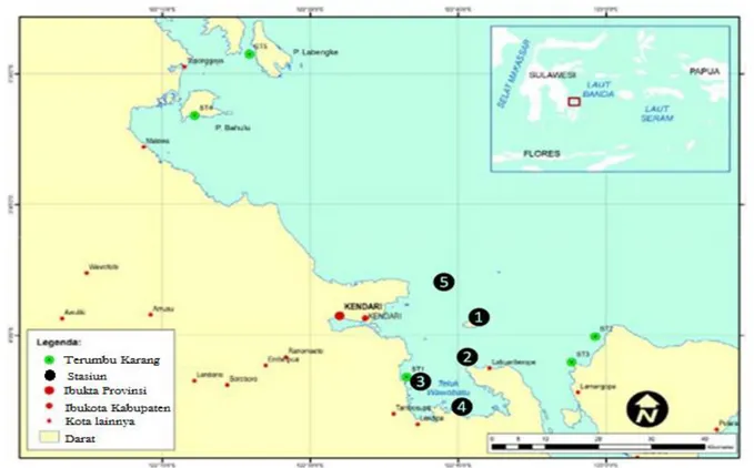 Gambar 1.Peta Teluk Wawobatu yang menunjukkan lokasi penelitian. Bulatan hitam dengan angka 1-5 adalah  stasiun penelitian