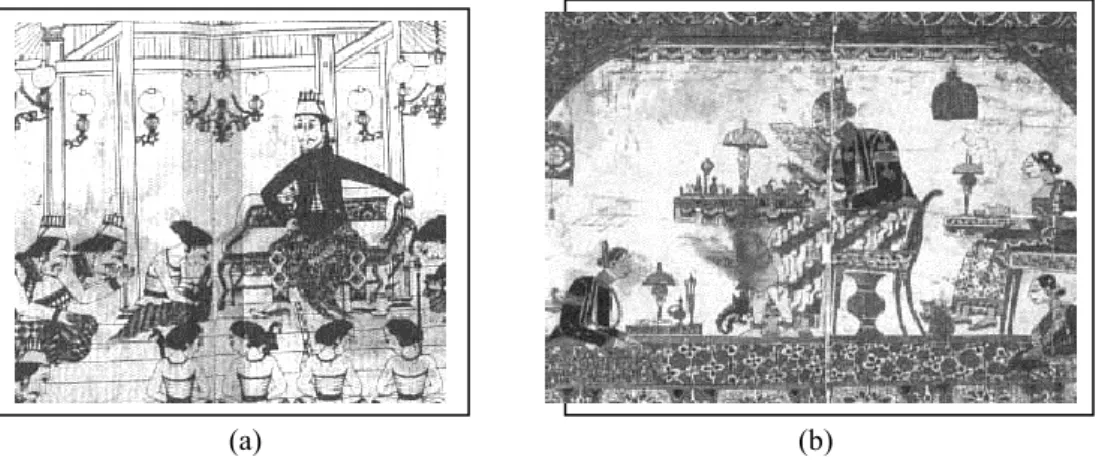 Gambar 4   (a)  Ilustrasi yang menggambarkan Sri Susuhunan Pakubuwono II  (1726-1749)  sedang  duduk  di  singgasana  mengenakan  kain  batik  sedang  menerima  Adipati  Natakusuma,  Arya  Pringgalaya  dan  Tumenggung  Tirtawiguna