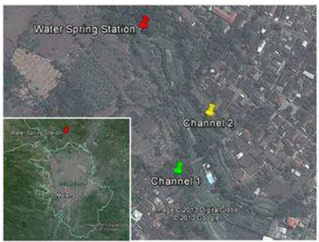 Figure 2. Nekton sampling locations: (a) Ngenep spring, (b) settlement station, (c) irrigation channel watercress farm and (d) irrigation channel-ricefield