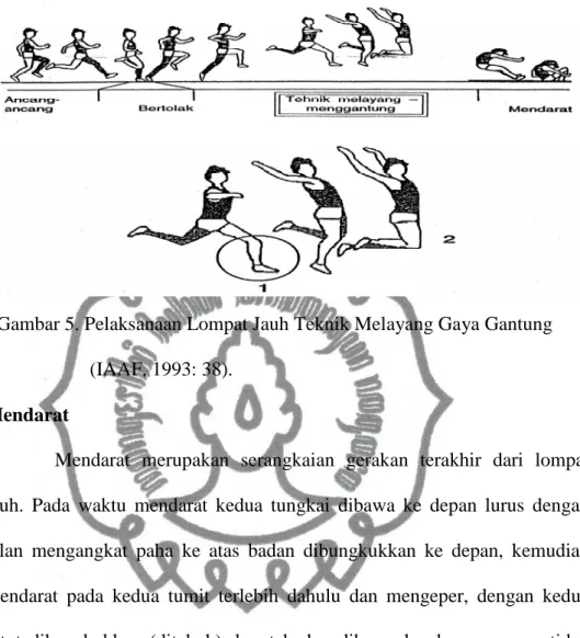 Gambar 5. Pelaksanaan Lompat Jauh Teknik Melayang Gaya Gantung  (IAAF, 1993: 38). 