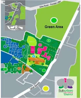 Figure 1.  Illustration of Pondok Cabe Village, South Tangerang as Sub Urban Eco Cultural Village Description: 1) Fishing pond and lake; 2) Green area and cycling track; 3) Orchid garden; 4) College 