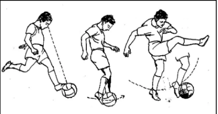 Gambar 1. Salah Satu Teknik Menendang Bola,yaitu Menggunakan Punggung  Kaki (Remmy Muchtar, 1992: 31) 