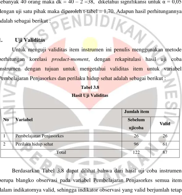 Tabel 3.8  Hasil Uji Validitas 