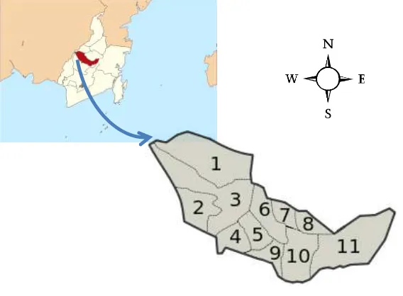 Figure 1. Map of Hulu Sungai. Notes:Source: Regency Planning Office (BAPPEDA) of Hulu Sungai Selatan Regency  (1) Daha Utara, (2) Daha Barat, (3) Daha Selatan, (4) Kalumpang, (5) Simpur, (6) Kandangan, (7) Angkinang, (8) Telaga Langsat, (9) Sungai Raya, (10) Padang Batung and (11) Loksado