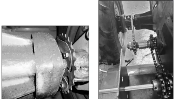 Gambar 8. Sistem transmisi dari poros roda traktor ke poros 1 dan poros pemutar rotor penjatah pupuk.
