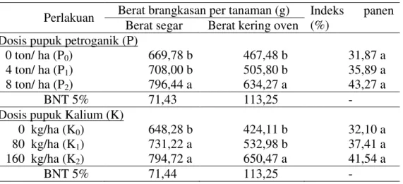 Tabel  1.  Pengaruh  pupuk  petroganik  dan  Kalium  terhadap  berat  berangkasan per tanaman dan indeks panen (IP)