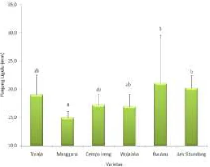Figure 8. Maximum leaf length of six pigmented rice local varieties. Note: Similar notation of maximum leaf length did not show a noticeable difference at α of 0.05 based on Anova, followed by HSD Tukey Test