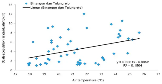 Figure 1. The air temperature relationship on the scales population in Binangun and Tulungrejo, the higher air temperature scales flea population level will increase.
