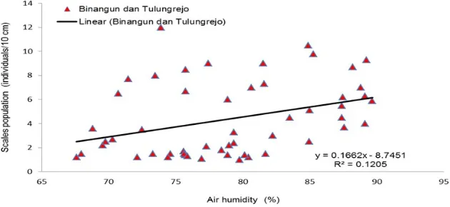Figure 2. Relationship air humidity on the scales population in Binangun and Tulungrejo, the higher air humidity scales flea poplation level will increase.