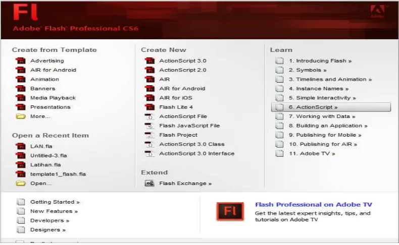 Gambar 2.1  Tampilan Star Page Adobe Flash Professional CS6 
