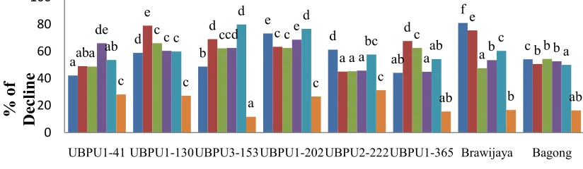 Figure 1. The decrease amount in the growth of some cultivars of purple long yard bean plants due todrought stress