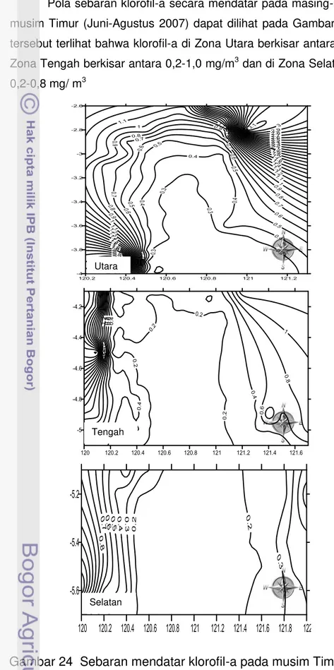 Gambar 24  Sebaran mendatar klorofil-a pada musim Timur di Zona   Utara, Tengah dan Selatan  