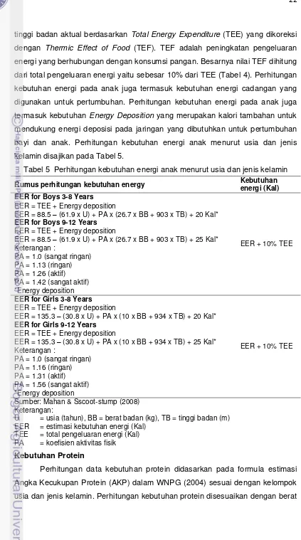 Tabel 5  Perhitungan kebutuhan energi anak menurut usia dan jenis kelamin 