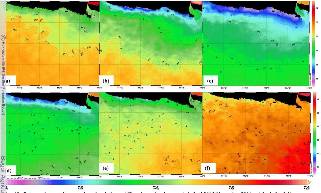 Gambar 10   Rataan sebaran suhu permukaan laut bulanan ( 0 C) pada musim timur periode Juni 2005-November 2010; (a) Juni, (b)  Juli,                                  (c) Agustus, (d) September, (e) Oktober,  dan (f) November