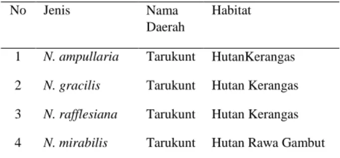 Tabel 1. Jenis-jenis Nepenthes yang ditemukan di Desa  Simpang Kasturi, Kecamatan Mandor 
