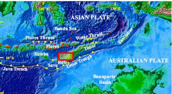 Gambar 1. Peta Lokasi Cekungan Busur Banda yang memperlihatkan Pulau Timor bagian barat dengan kotak 