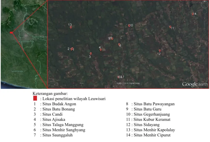 Gambar 1. Peta persebaran situs-situs di wilayah Leuwisari (Sumber: Diolah dari Google Earth http://www.google.com/earth/)