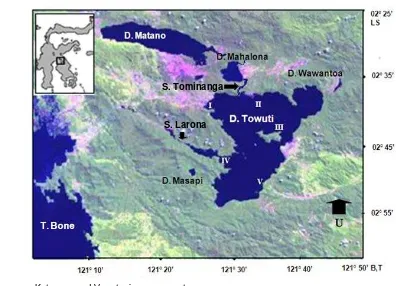 Gambar 5. Peta lokasi penelitian di Danau Towuti        Peta landsat 21 Mei 2004 (Hehanussa, 2006) dengan modifikasi 