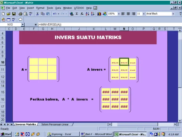 Gambar berikut memperlihatkan suatu contoh tampilan template untuk  menyelesaikan sistem persamaan linear 3 persamaan dan 3 variabel, dengan  menggunakan invers matriks