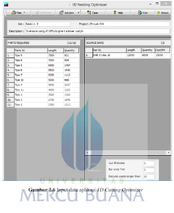 Gambar 2.6  Input data aplikasi 1D Cutting Optimizer 