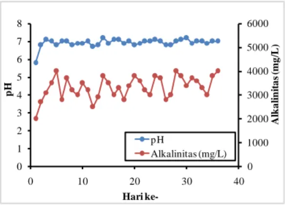 Gambar 2. Profil pH dan Alkalinitas  Gambar  2  menunjukkan  profil  pH  dan  alkalinitas relatif stabil dengan rentang pH antara  5,8–7,2