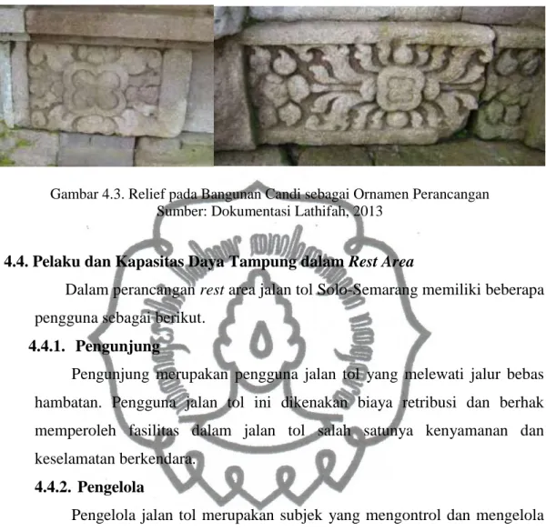 Gambar 4.3. Relief pada Bangunan Candi sebagai Ornamen Perancangan  Sumber: Dokumentasi Lathifah, 2013 