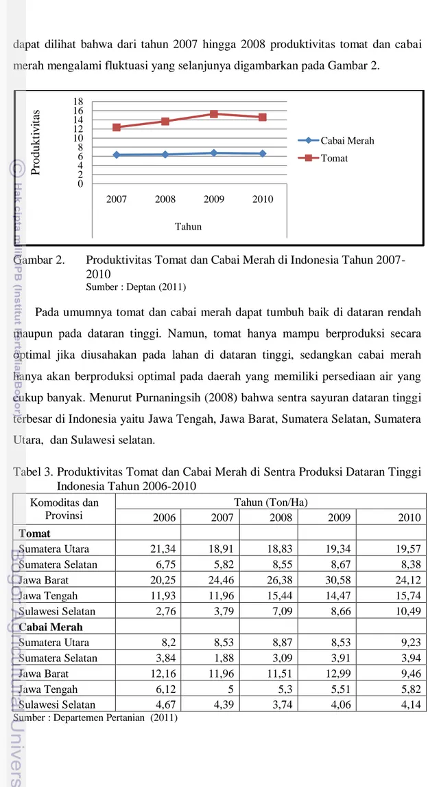Gambar 2.  Produktivitas Tomat dan Cabai Merah di Indonesia Tahun 2007- 2007-2010 