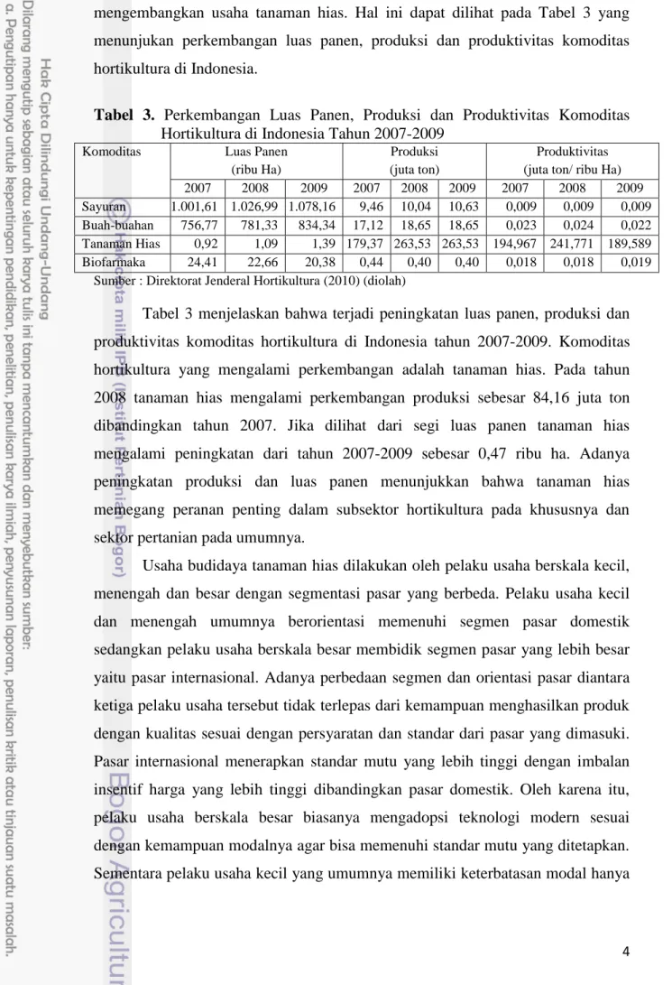 Tabel  3.  Perkembangan  Luas  Panen,  Produksi  dan  Produktivitas  Komoditas  Hortikultura di Indonesia Tahun 2007-2009 