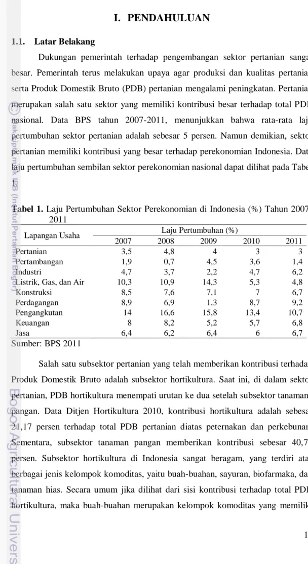 Tabel 1. Laju Pertumbuhan Sektor Perekonomian di Indonesia (%) Tahun 2007- 2007-2011 