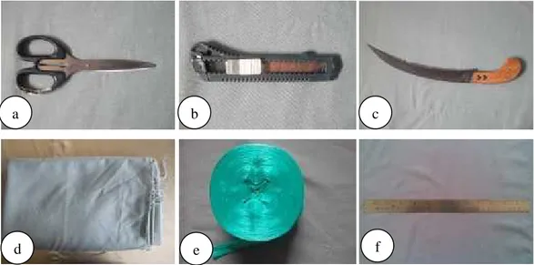 Gambar  3.1.  Alat-alat  Yang  Digunakan  Dalam Mengidentifikasi  Klon.  (a)  Gunting,  (b)  Pisau Cutter, (c) Gergaji, (d) Kain Warna Abu-Abu, (e) Tali Rafia, (f) penggaris 30 cm.