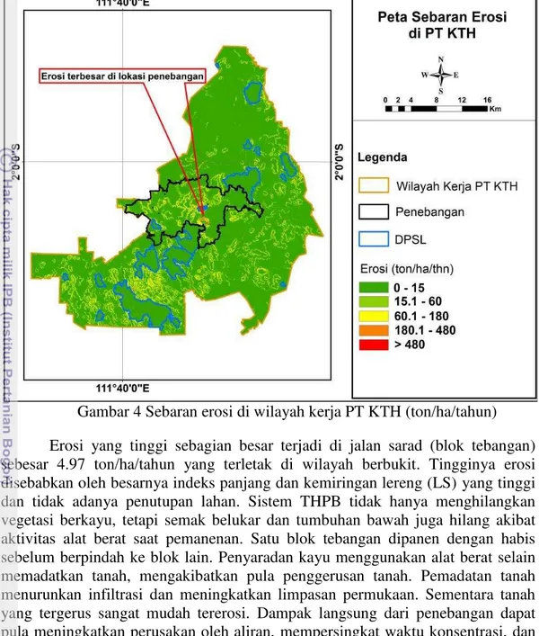 Gambar 4 Sebaran erosi di wilayah kerja PT KTH (ton/ha/tahun)