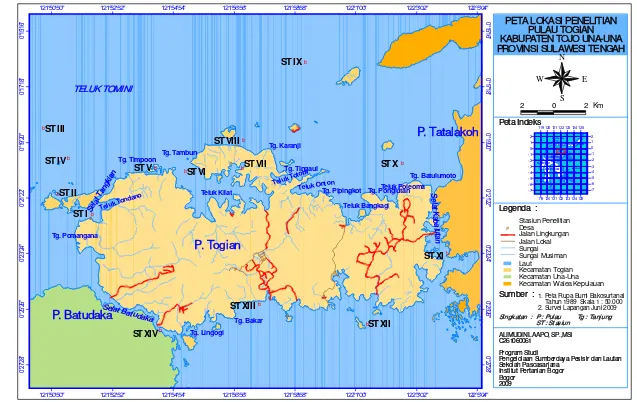 Gambar 7  Peta lokasi penelitian dan stasiun pengamatan di gugus Pulau Togean 
