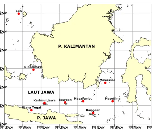 Gambar 11 Lokasi  daerah penangkapan ikan (fishing ground) kapal  purse seine                      Pekalongan tahun 2002-2007.