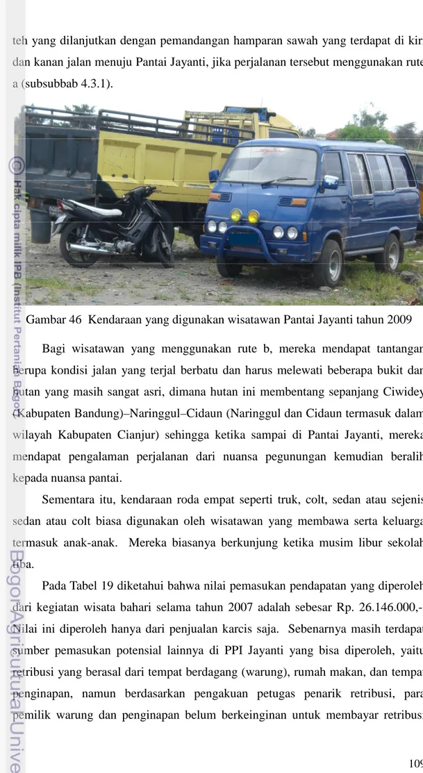 Gambar 46  Kendaraan yang digunakan wisatawan Pantai Jayanti tahun 2009  Bagi  wisatawan  yang  menggunakan  rute  b,  mereka  mendapat  tantangan  berupa  kondisi  jalan  yang  terjal  berbatu  dan  harus  melewati  beberapa  bukit  dan  hutan  yang  masi