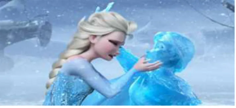 Gambar  21.  Putri  Elsa,  kakak  dari  putri  Anna,  menyesali  kekuatan  sihirnya  yang  telah  membekukan  Anna  dengan  kekuatan  sihirnya  menjadi  es  yang menunjukkan hubungan interaksi antara perempuan  dengan perempuan dalam Frozen (2013) 
