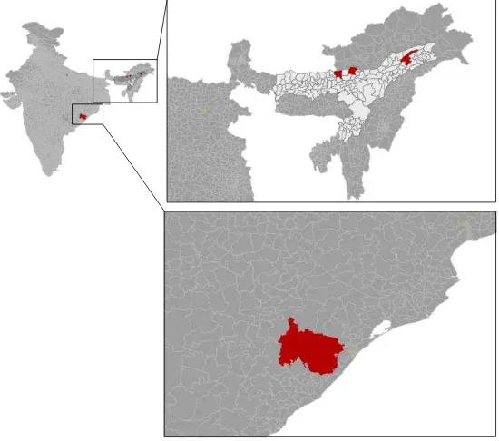 Figure 4: Sora speaking areas in India and Assam (From Horo and Sarmah, under revision) 