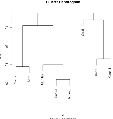 Figure 6: Phylogenetic cluster solution for the data from tea garden languages (Saora = CIS  and Sora = AS, Santali_I and Kurux_I = Central Indian varieties) 