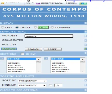 Figure 3. Query Box for ‘Google’ in COCA (http://corpus.byu.edu/coca/)