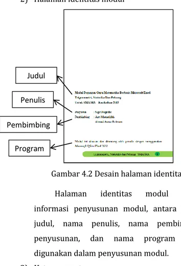 Gambar 4.2 Desain halaman identitas  Halaman  identitas  modul  berisi  informasi  penyusunan  modul,  antara  lain  :  judul,  nama  penulis,  nama  pembimbing  penyusunan,  dan  nama  program  yang  digunakan dalam penyusunan modul