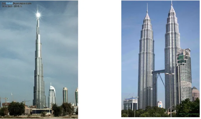Gambar 1.1 Burj Khalifa (kiri) sebagai gedung pencakar langit tertinggi di dunia  dan menara petronas (kanan)