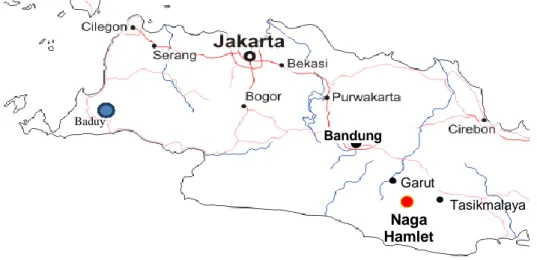 Gambar 1. Lokasi penelitian di kawasan Baduy, Banten Selatan dan Kampung Naga, Tasikmalaya  (Iskandar, 2012 ; Alburquerque et al., 2014)