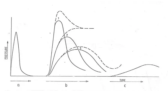 Gambar 2-1: Berbagai pola aliran tekanan gas selama penyalaan   (dikutip dari Hans Florin, AGARD conference Proceeding)  Gambar di atas mengilustrasikan kondisi 