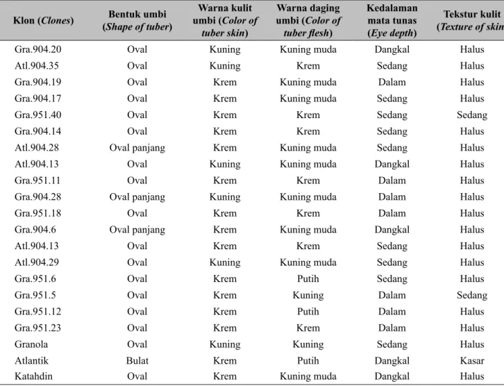 Tabel 4. Morfologi umbi 21 klon kentang (Tuber morphology of 21 clones) Klon (Clones) (Shape of tuber)Bentuk umbi   umbi (Color of Warna kulit 