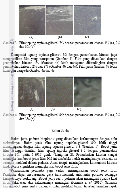 Gambar 3   Film tepung tapioka-gliserol 7:3 dengan penambahan kitosan 1% (a), 2% (b),  